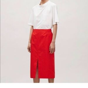 COS Vibrant Red Midi Skirt with Slit